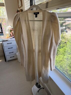 Express Cream Open-Front Puff Sleeve Cardigan